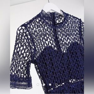 ASOS Bardot lace midi dress w/ sheer panels in blue, US4